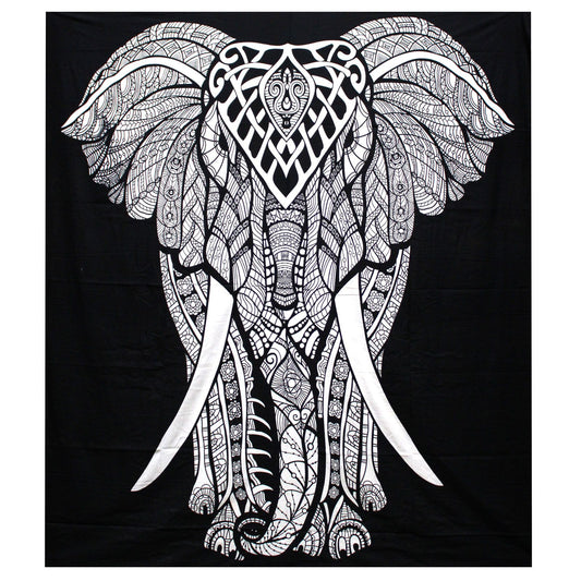 Black & White Double Cotton Bedspread + Wall Hanging - Elephant