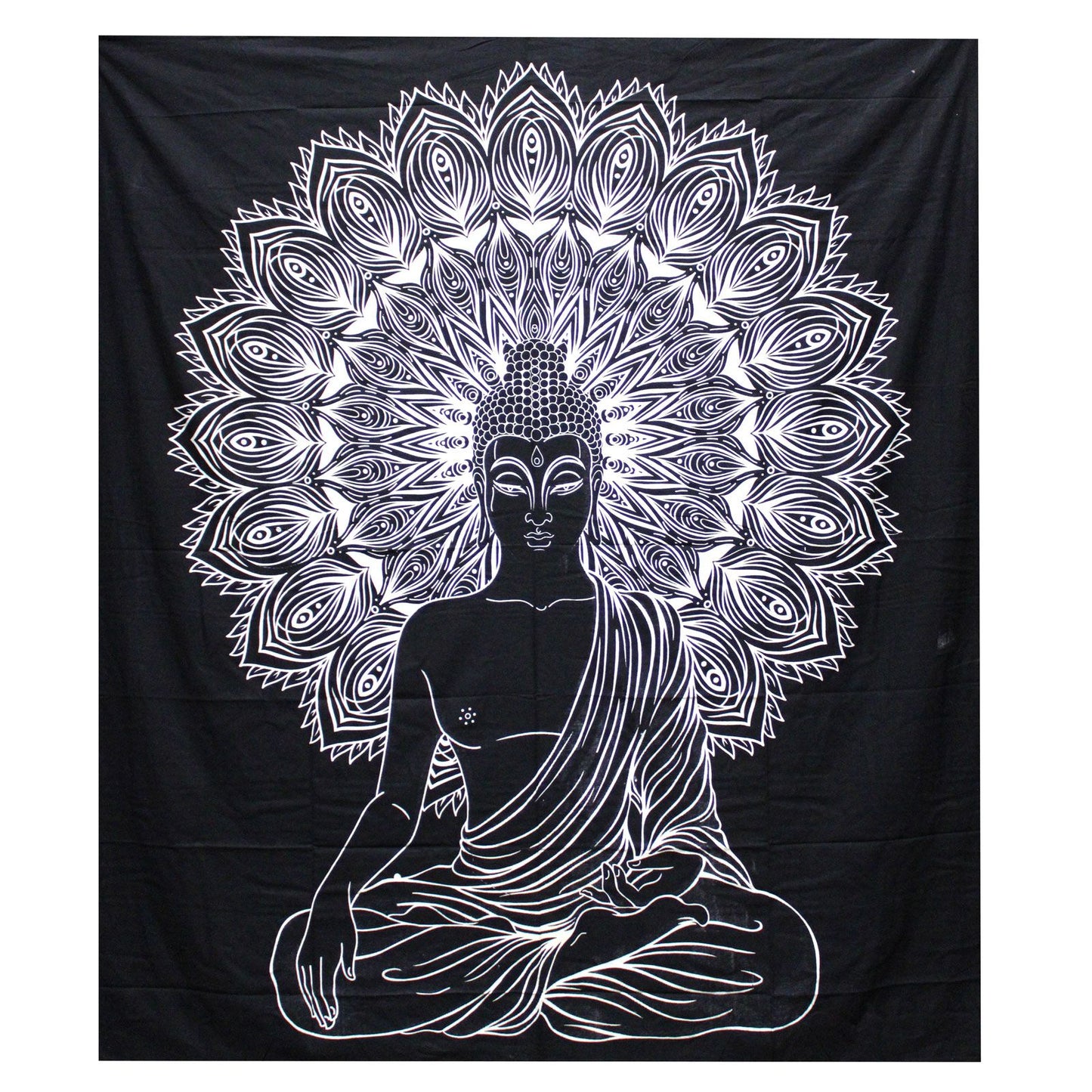 Black & White Double Cotton Bedspread + Wall Hanging - Buddha