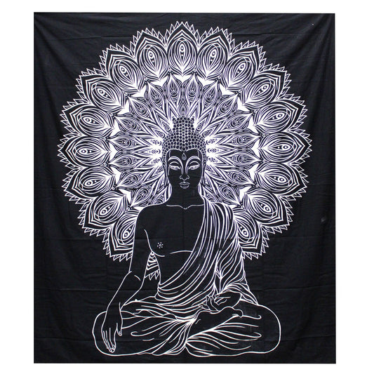 Black & White Double Cotton Bedspread + Wall Hanging - Buddha