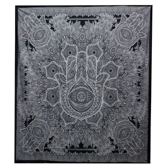 Black & White Double Cotton Bedspread + Wall Hanging - Hamsa