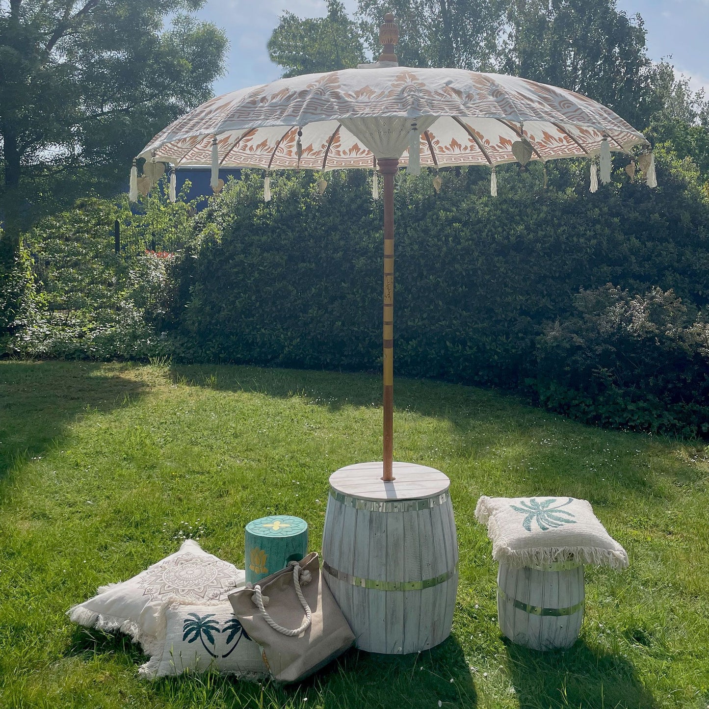 Handmade Bali Patio Parasol 2m – Natural Canvas Boho Garden Parasol