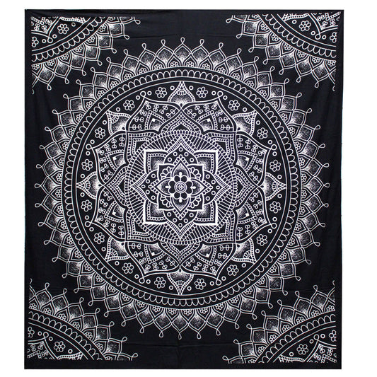 Black & White Double Cotton Bedspread + Wall Hanging - Lotus Flower