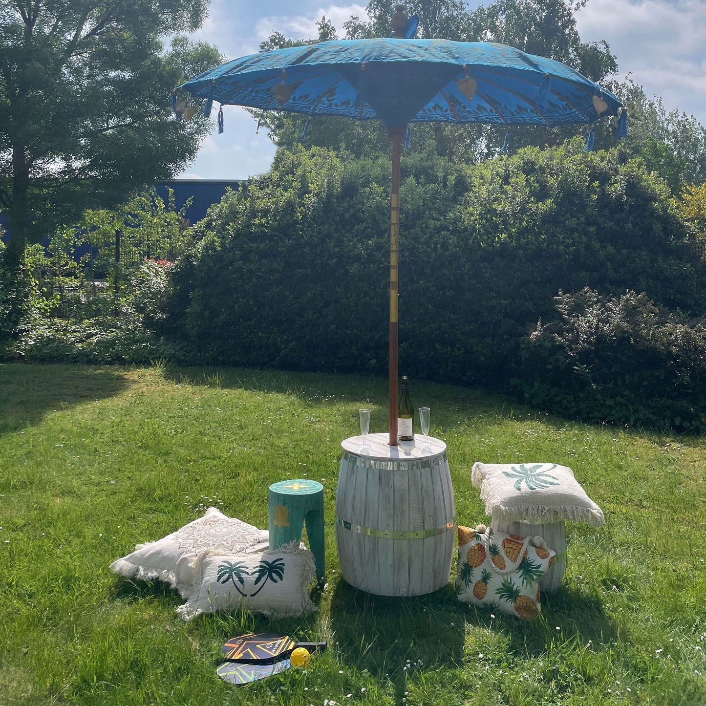 Handmade Bali Patio Parasol 2m – Turquoise Cotton Boho Garden Parasol
