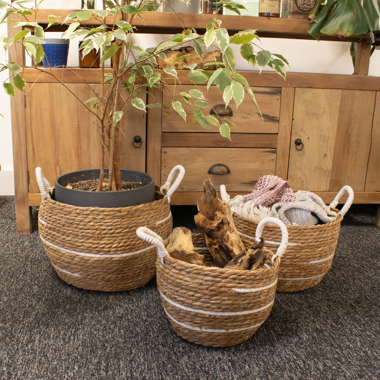 Cotton & Seagrass Large Baskets – Natural Stripes – Set of 3